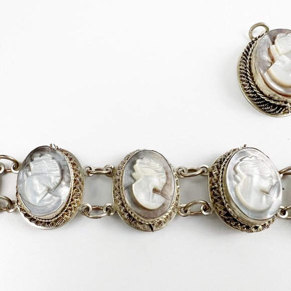 Vintage Silver Abalone Shell Cameo Set Bracelet Earrings Pendant Parure - Picture 6 of 12